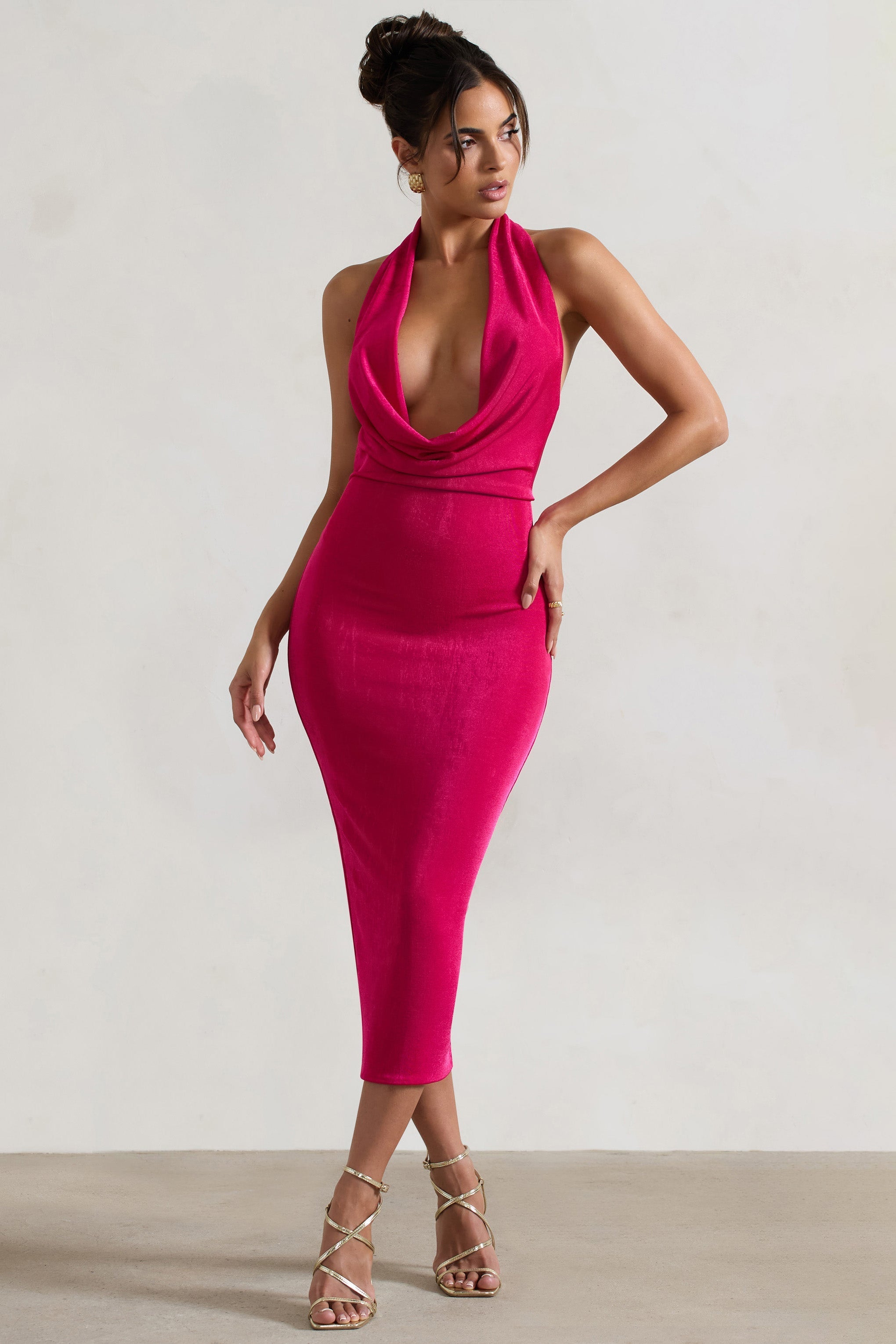 Hot Pink Cowl-Neck Midi Dress