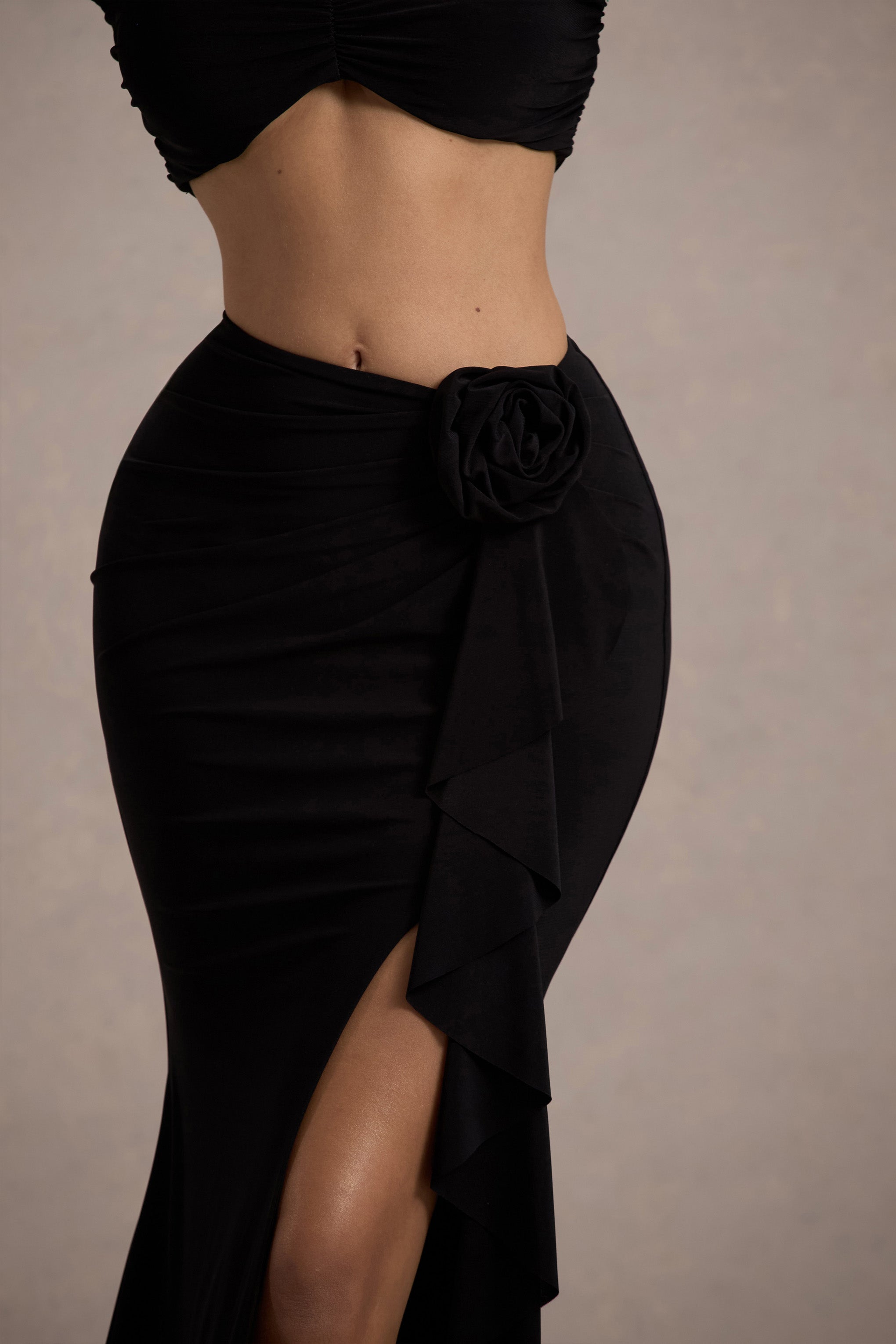 Black Ruched Split Maxi Skirt