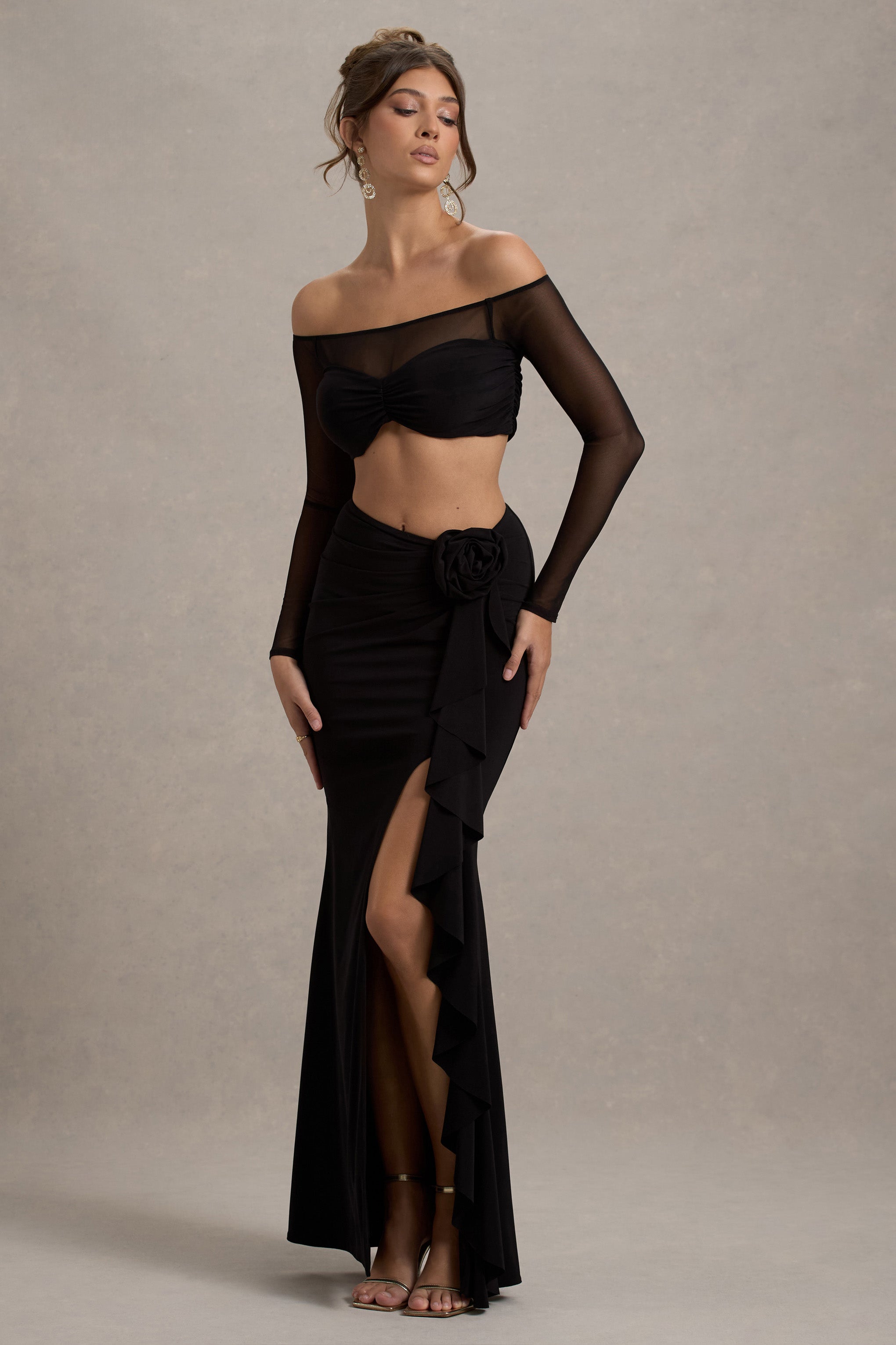 Black Ruched Split Maxi Skirt