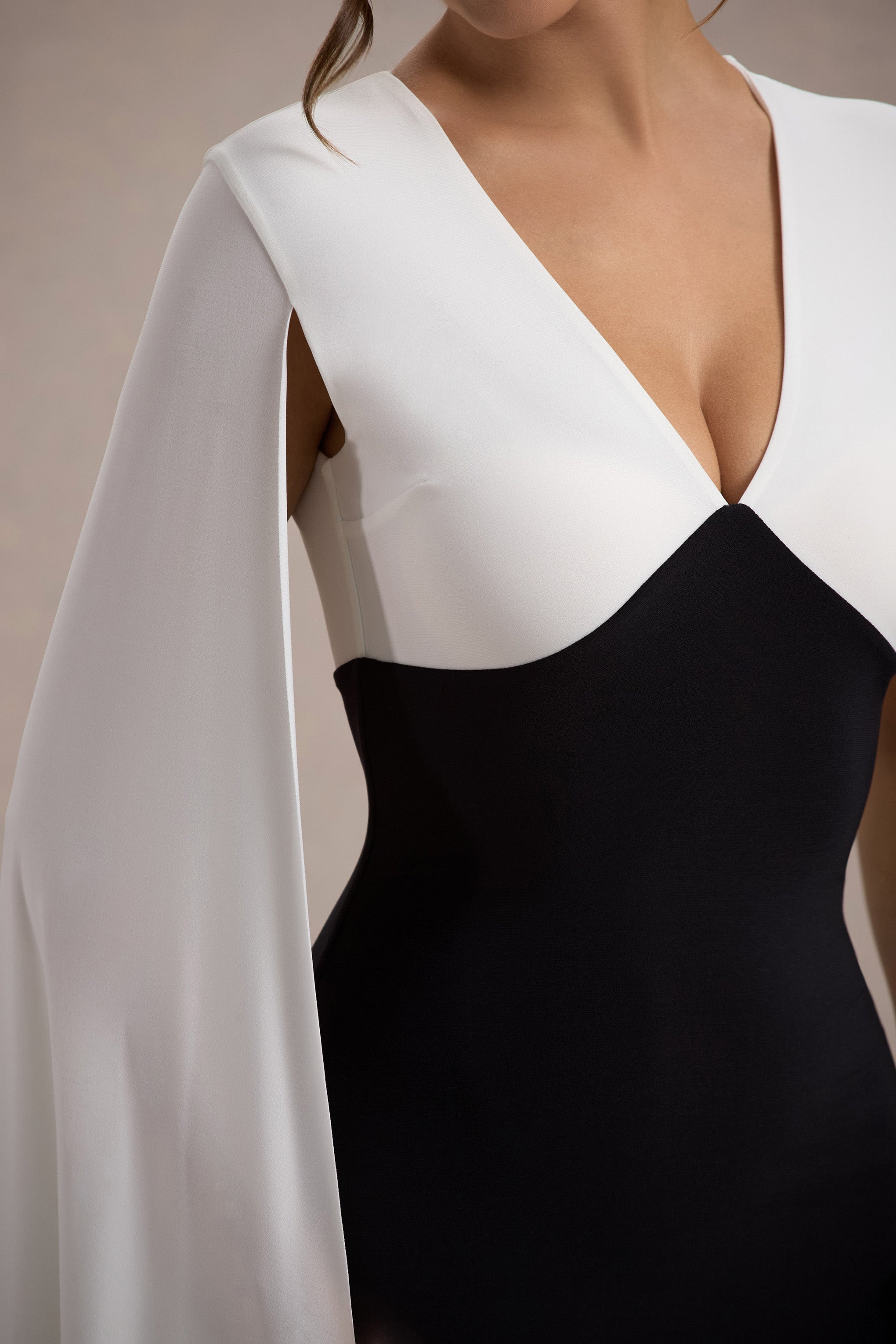 Black & White Plunge-Neck Maxi Dress With Cape Sleeves