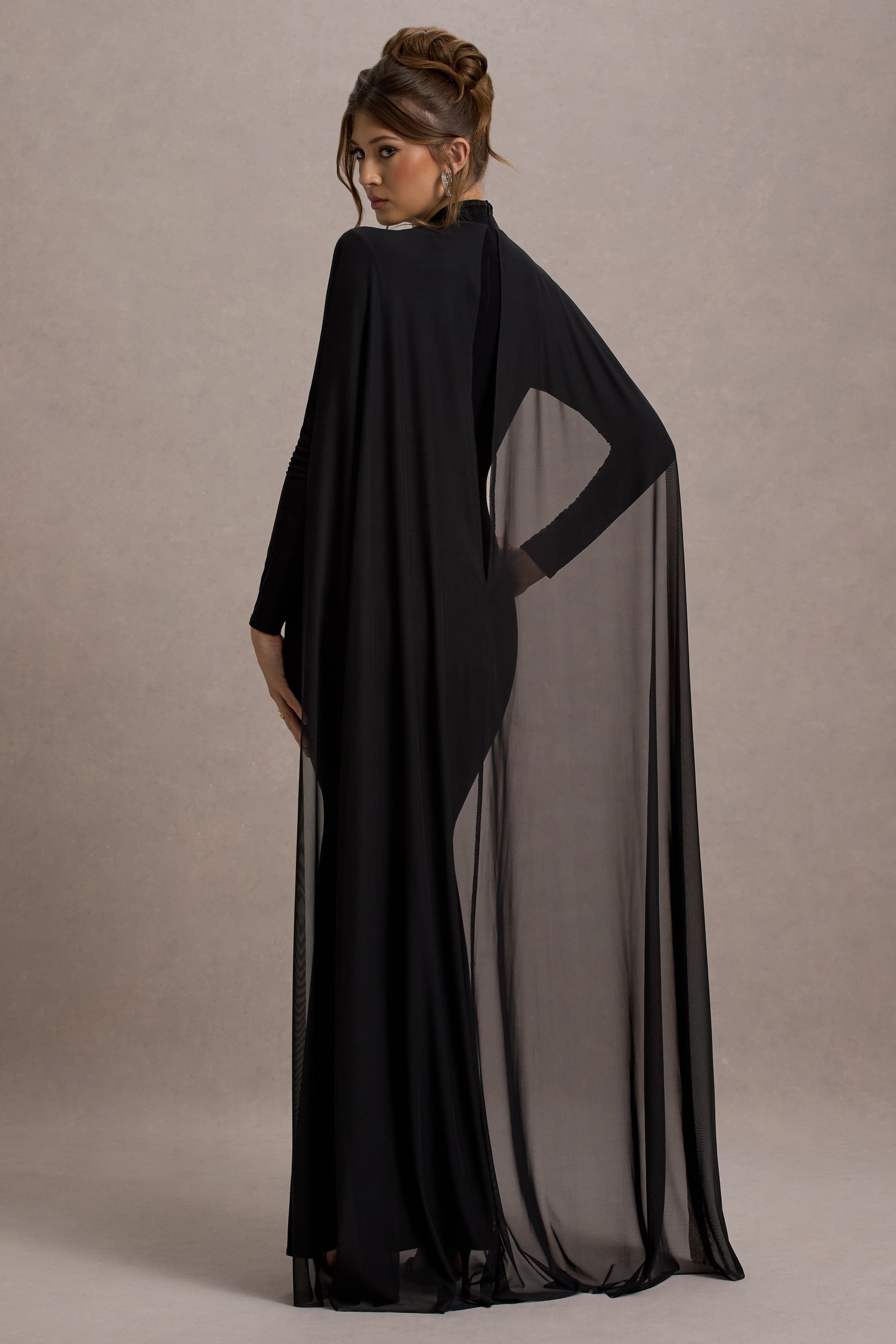 Black High-Neck Long-Sleeve Maxi Dress With Cape