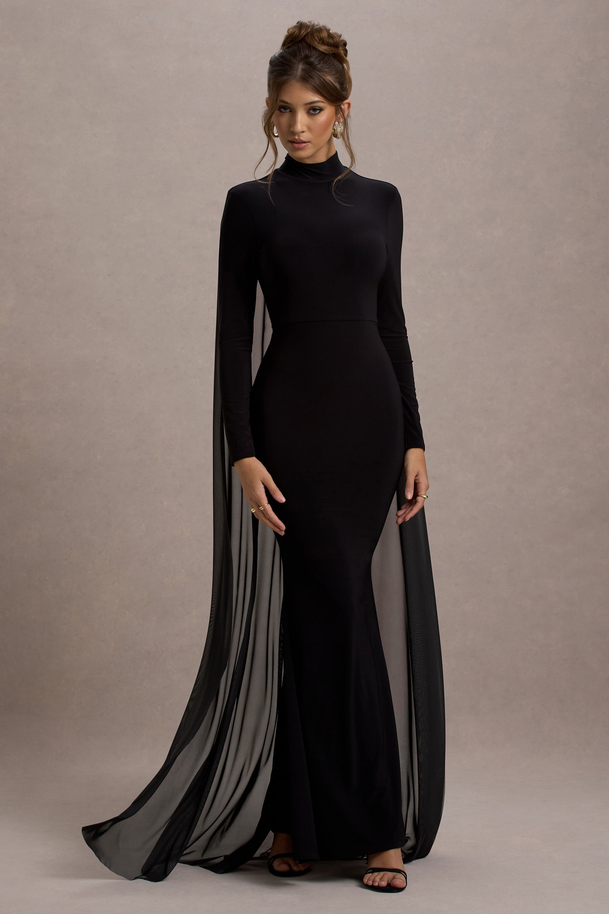 Black High-Neck Long-Sleeve Maxi Dress With Cape