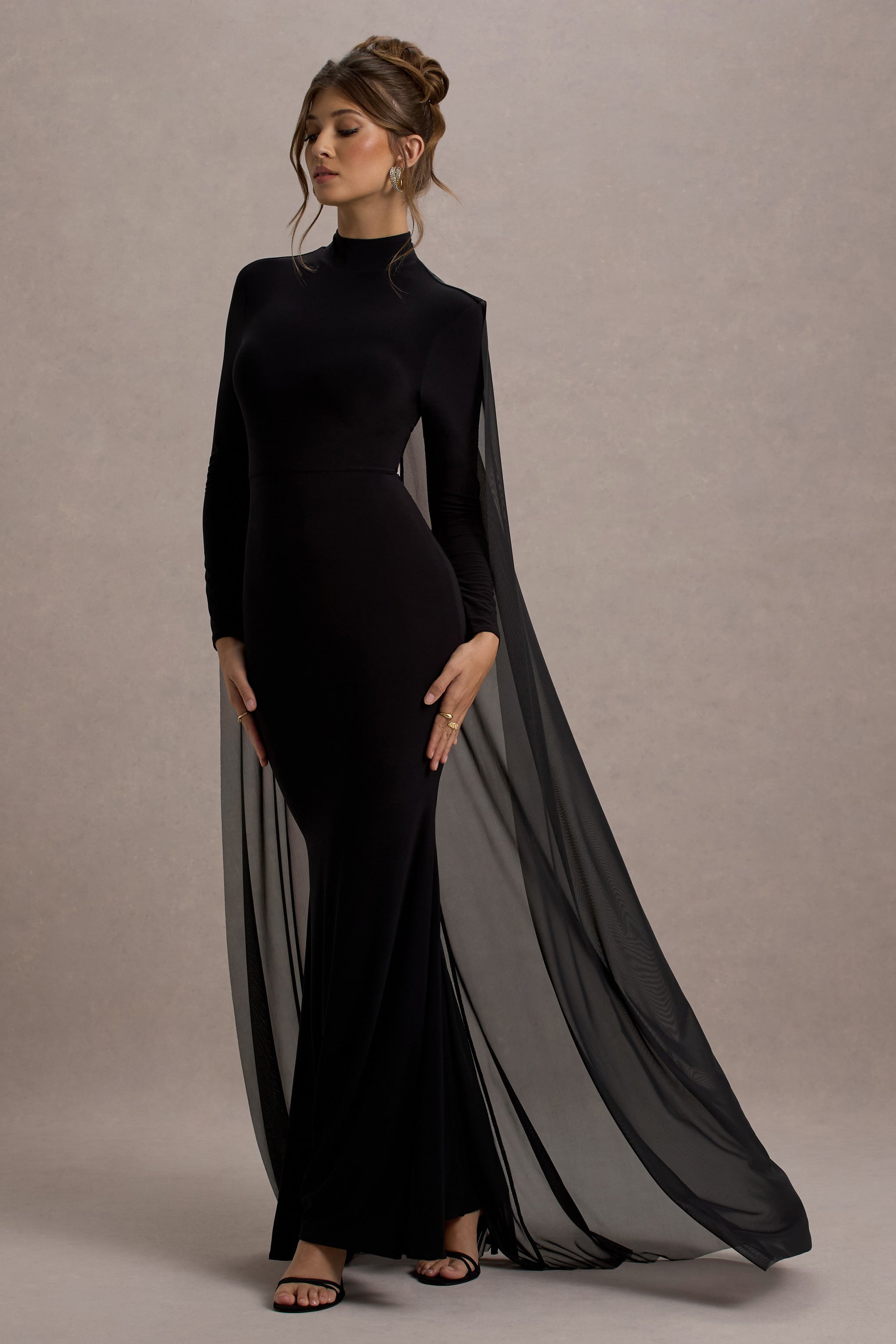Black High-Neck Long-Sleeve Maxi Dress With Cape