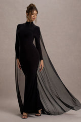 Black High-Neck Long-Sleeve Maxi Dress With Cape
