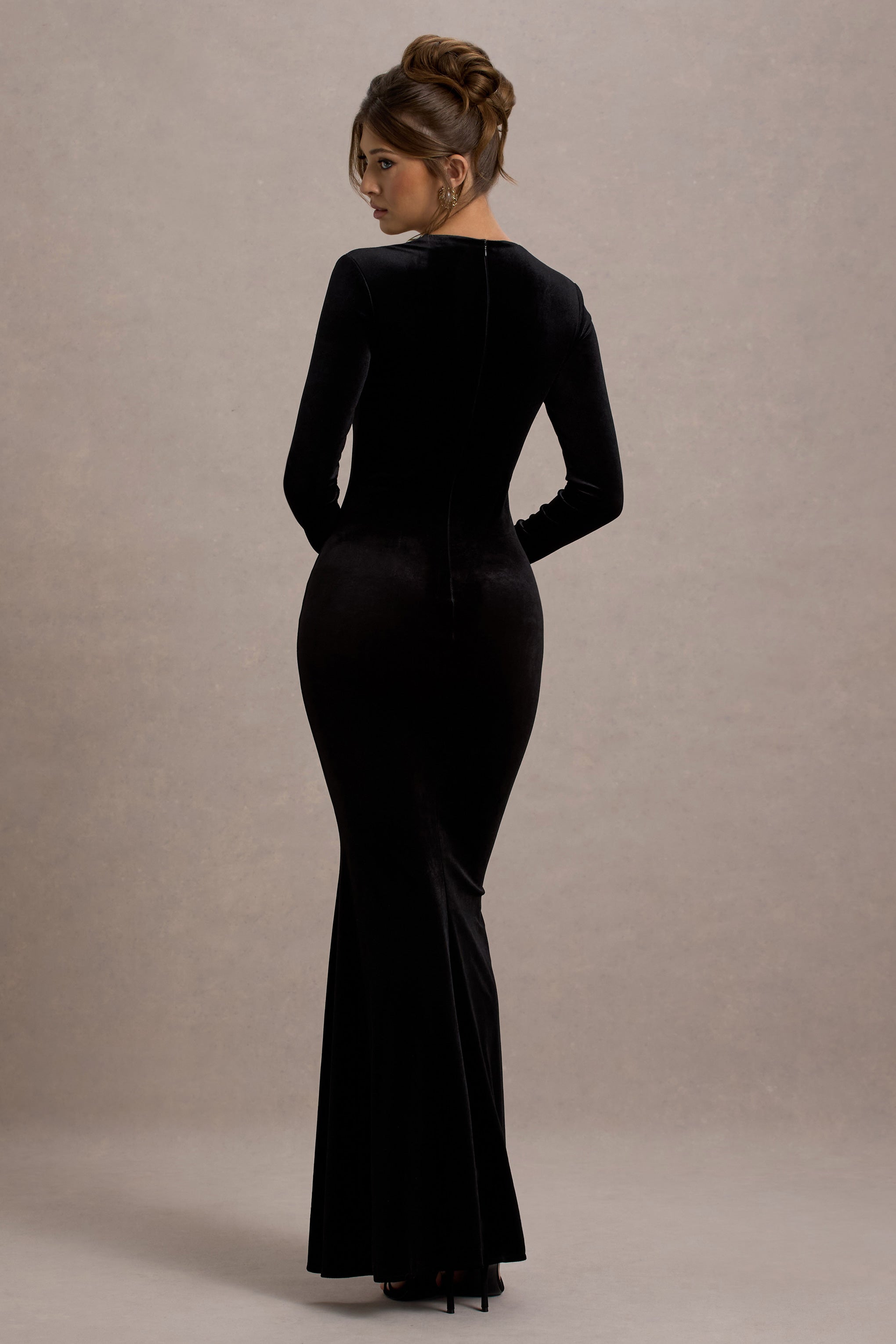 Black Velvet Square-Neck Long-Sleeve Maxi Dress