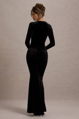 Black Velvet Square-Neck Long-Sleeve Maxi Dress