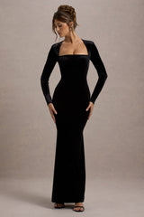 Black Velvet Square-Neck Long-Sleeve Maxi Dress