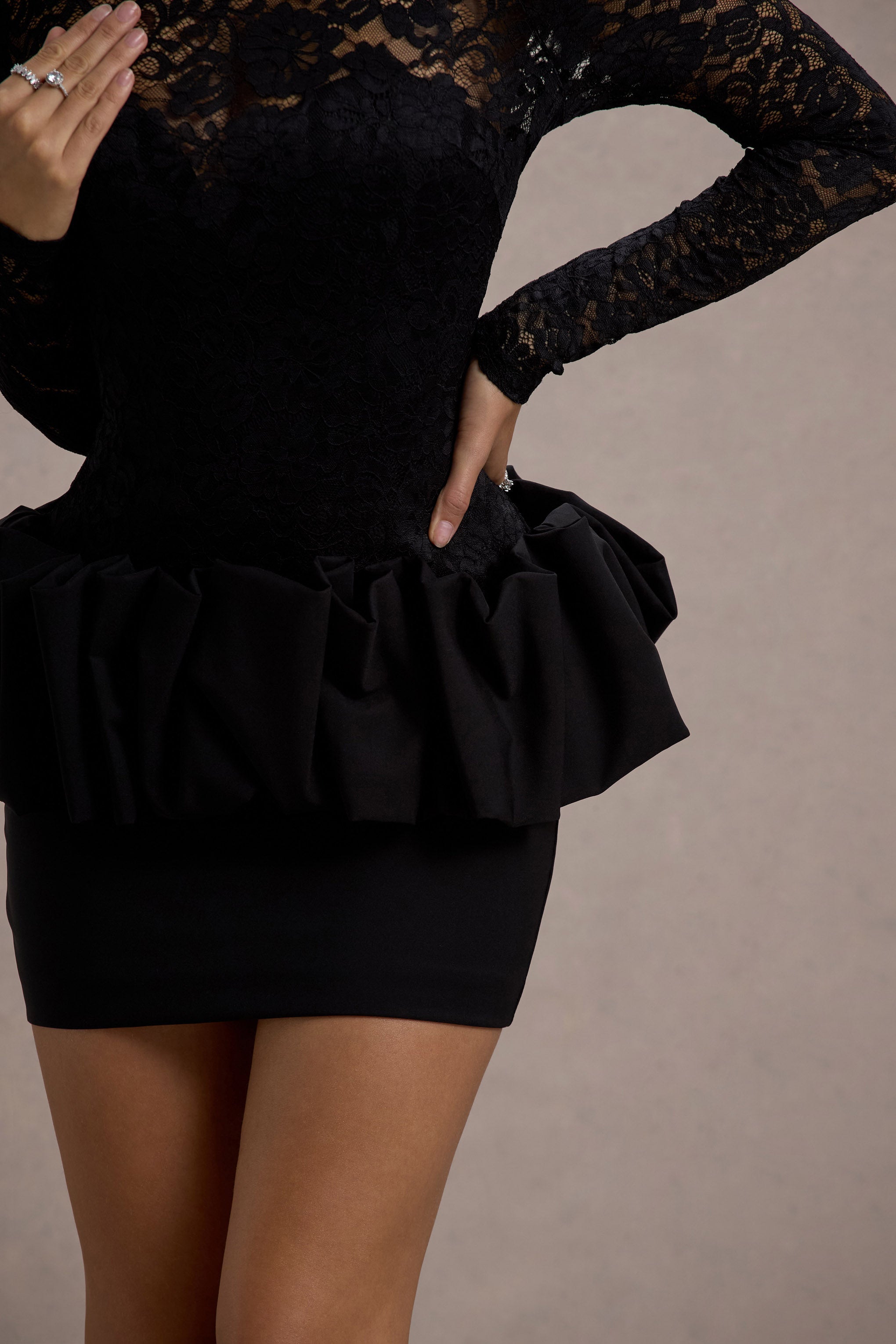 Black Lace Long-Sleeve Peplum Mini Dress