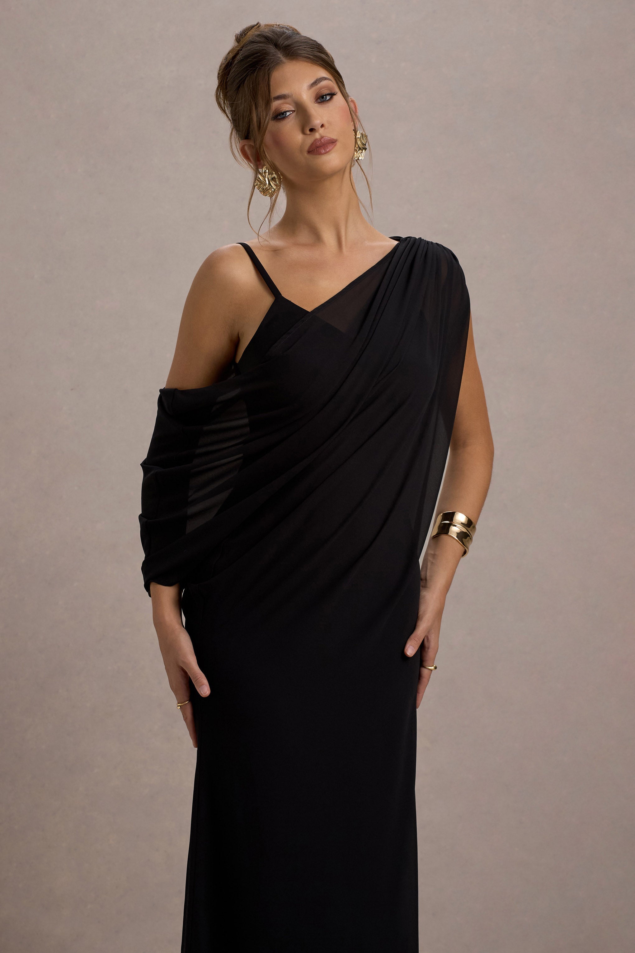Black Strappy V-Neck Maxi Dress With Chiffon Sash