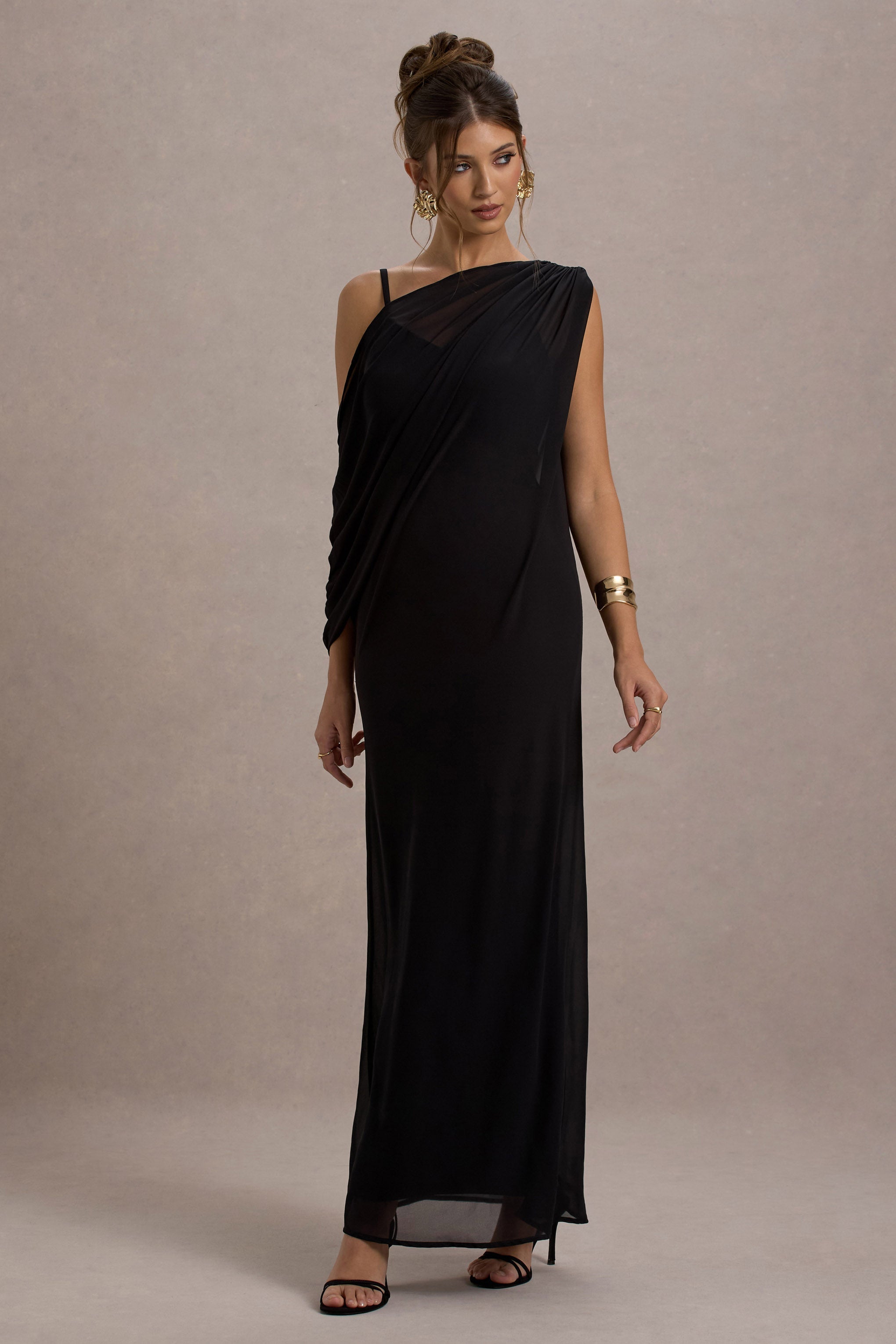 Black Strappy V-Neck Maxi Dress With Chiffon Sash