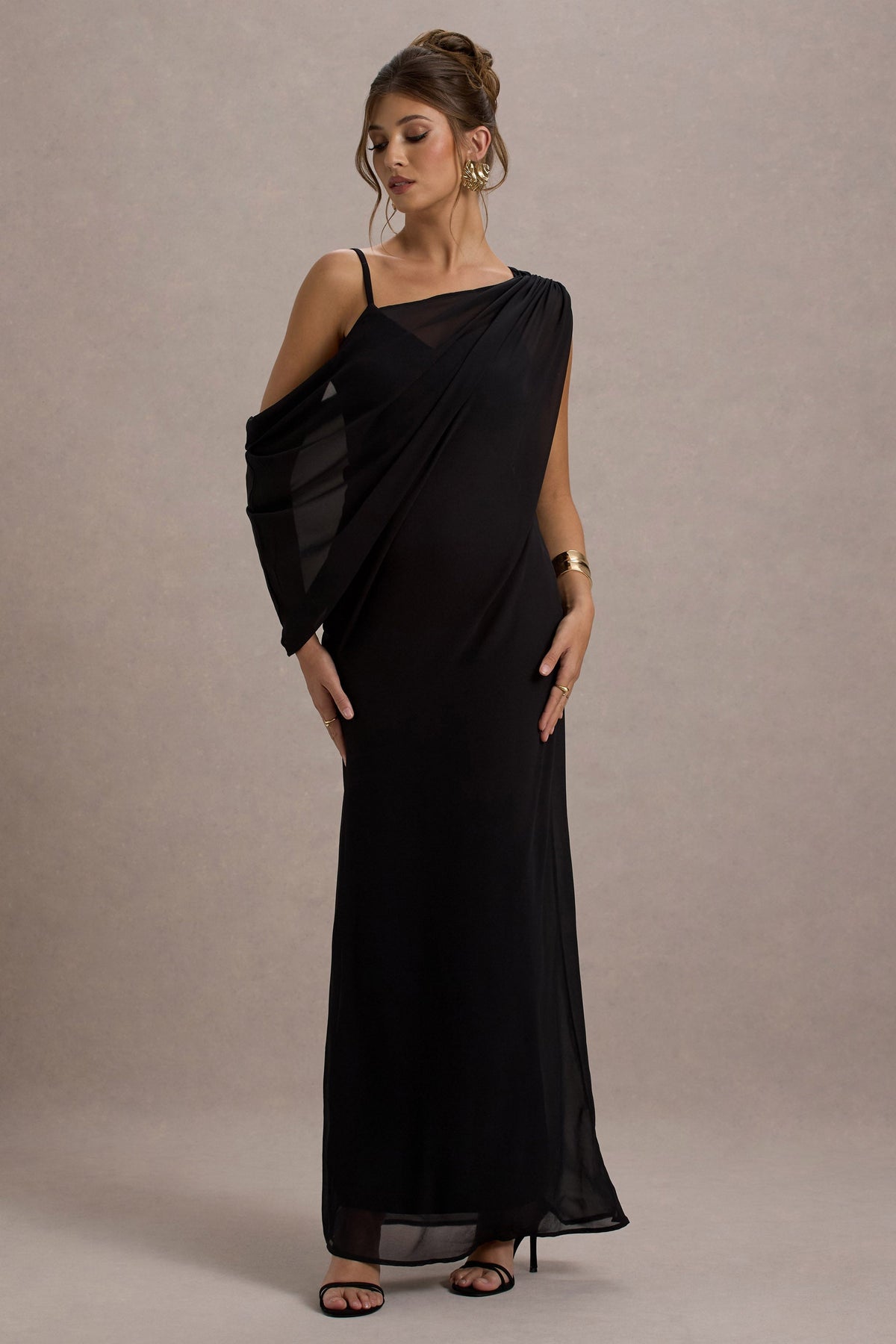 Black Strappy V-Neck Maxi Dress With Chiffon Sash
