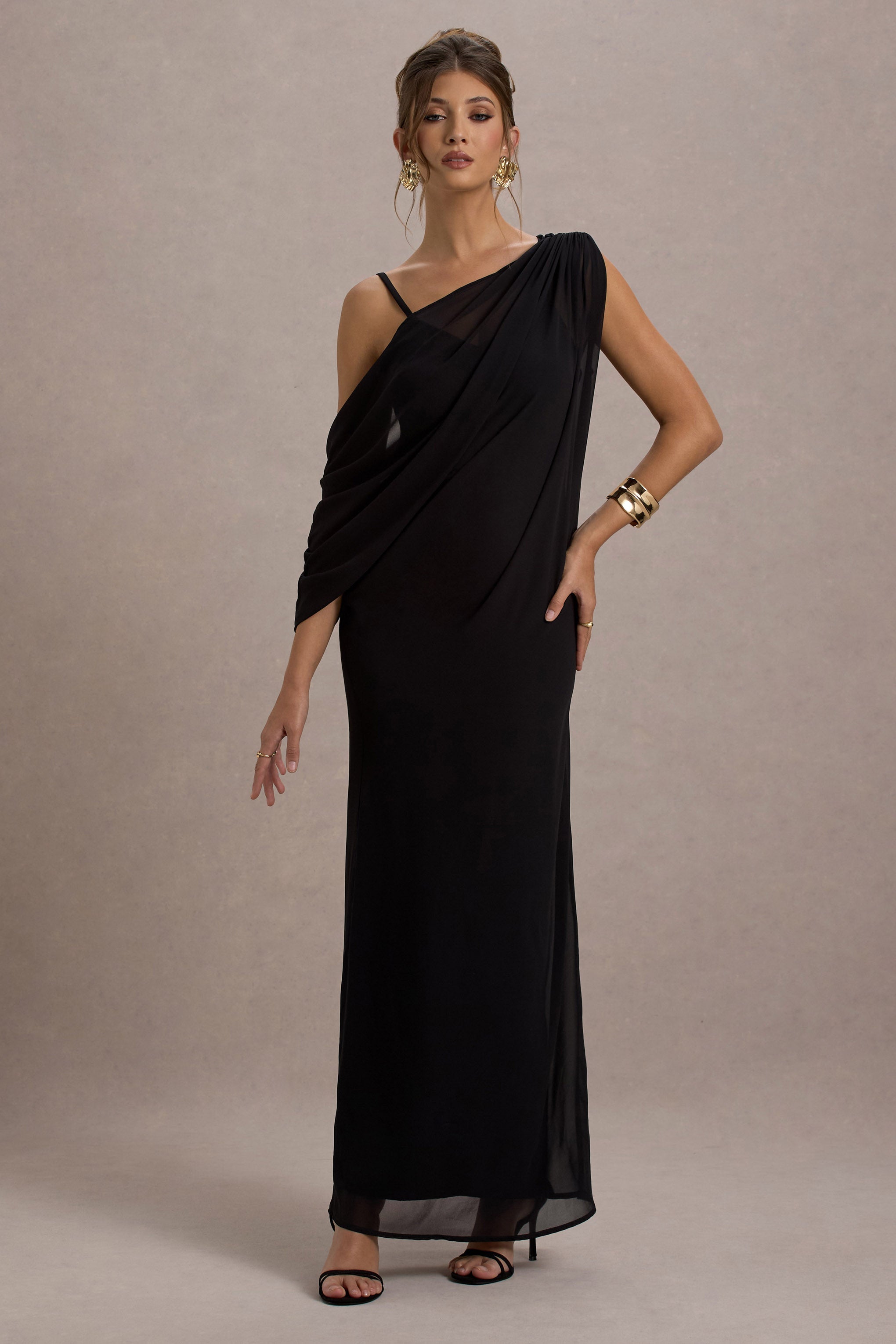Black Strappy V-Neck Maxi Dress With Chiffon Sash