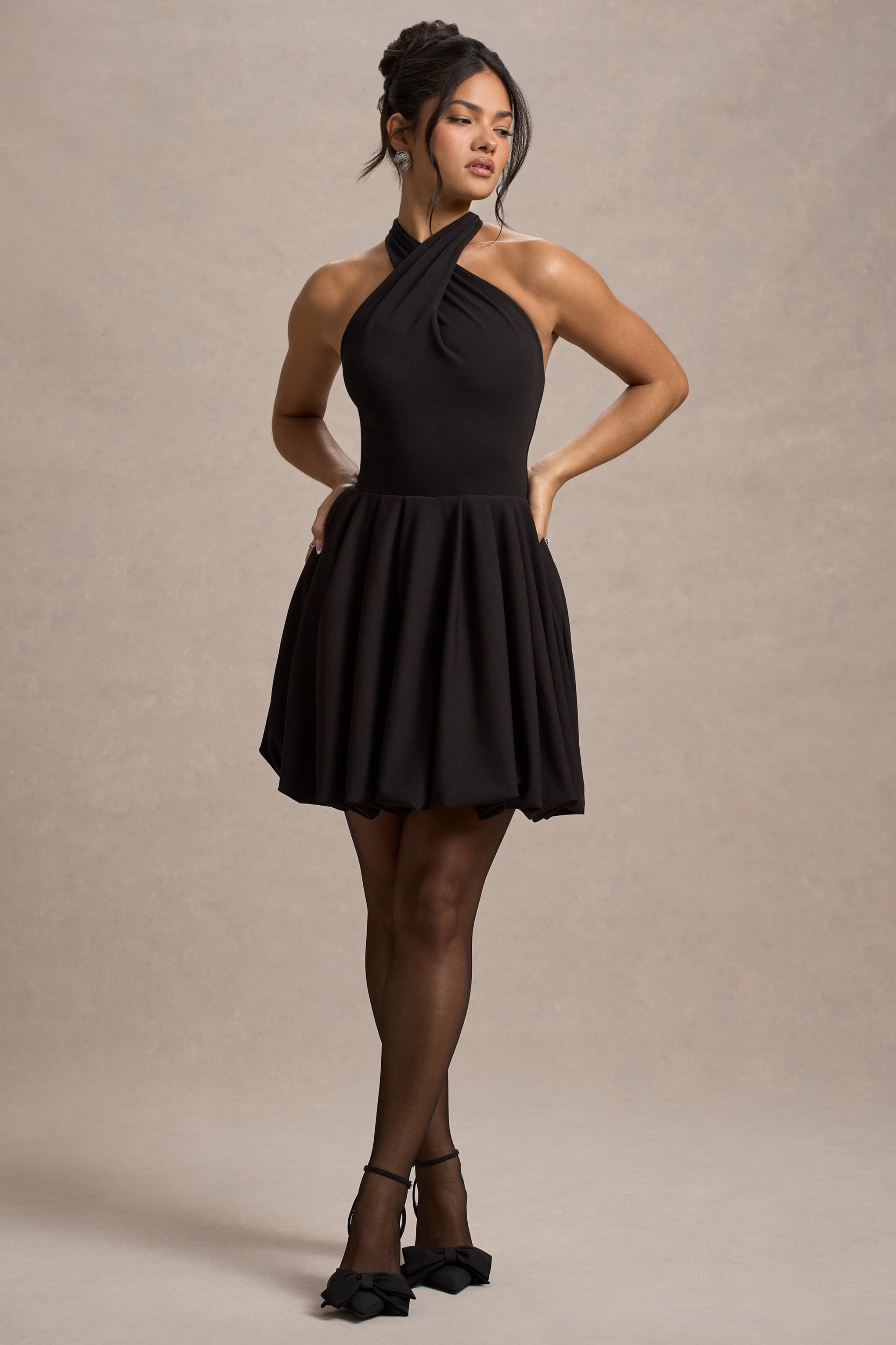 Black Halter-Neck Mini Dress With Puff-Ball Skirt
