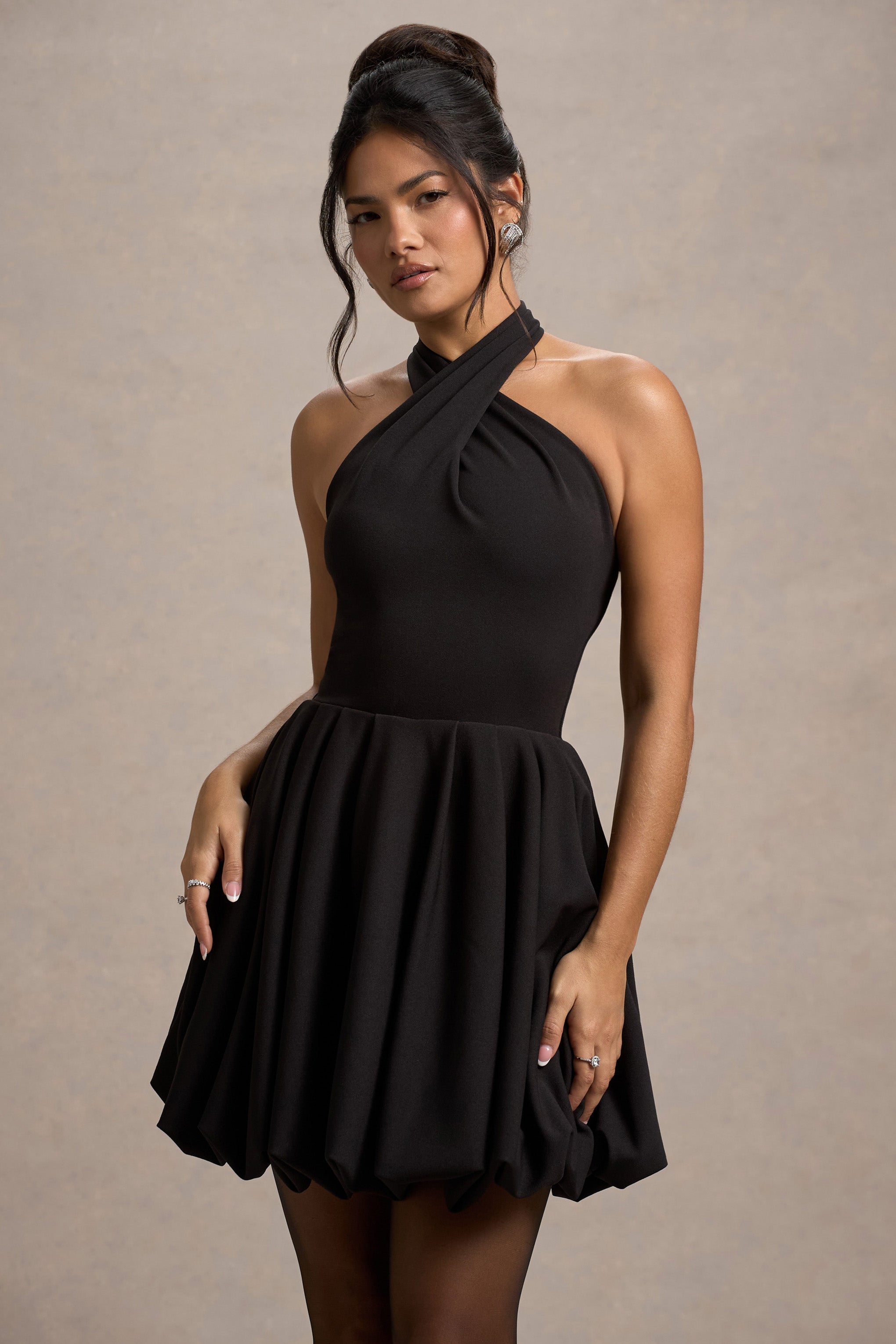 Black Halter-Neck Mini Dress With Puff-Ball Skirt
