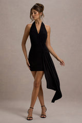 Black Plunge-Neck Draped Wrap Mini Dress