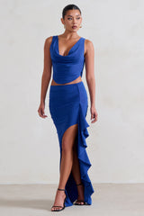 Blue Ruffle Maxi Skirt With Thigh Split