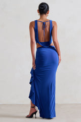 Blue Ruffle Maxi Skirt With Thigh Split