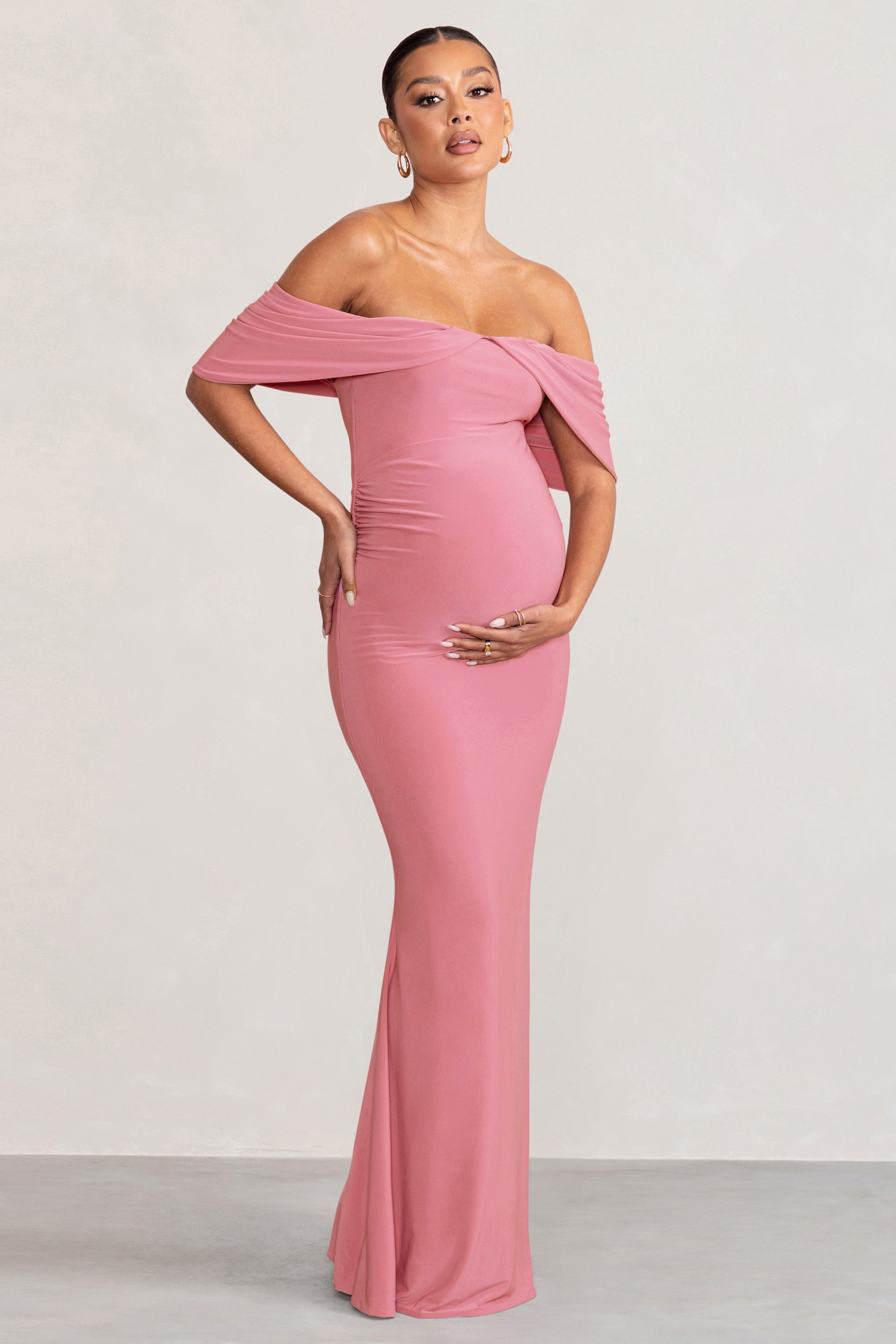 Blush Pink Draped Sleeve Bardot Maternity Maxi Dress