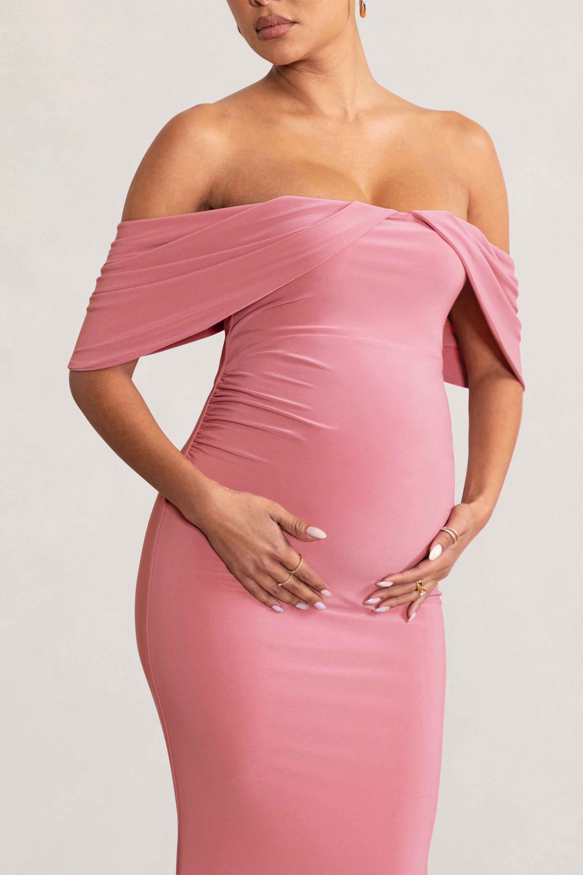 Blush Pink Draped Sleeve Bardot Maternity Maxi Dress