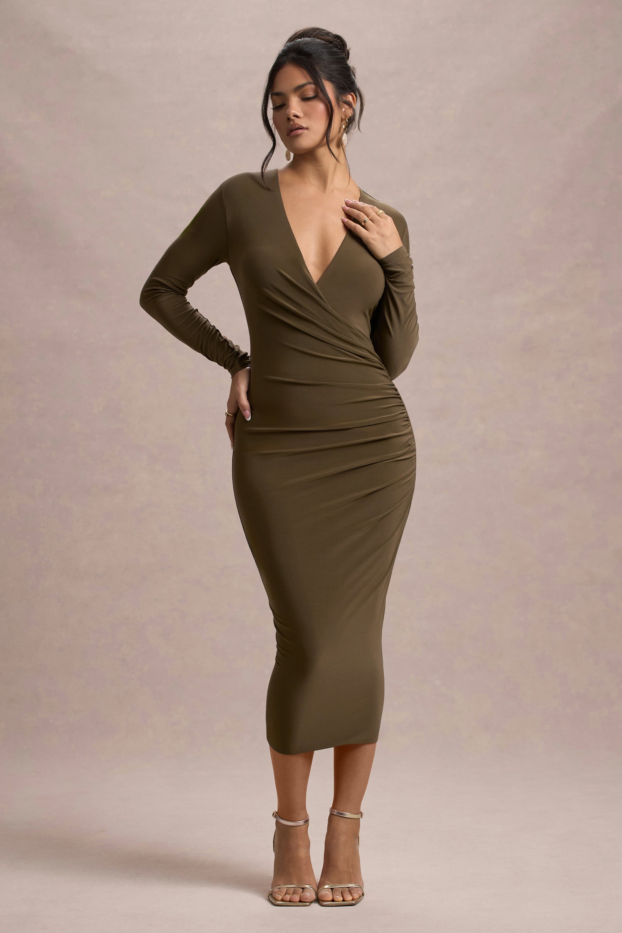 Khaki Bodycon Plunge-Neck Midi Dress