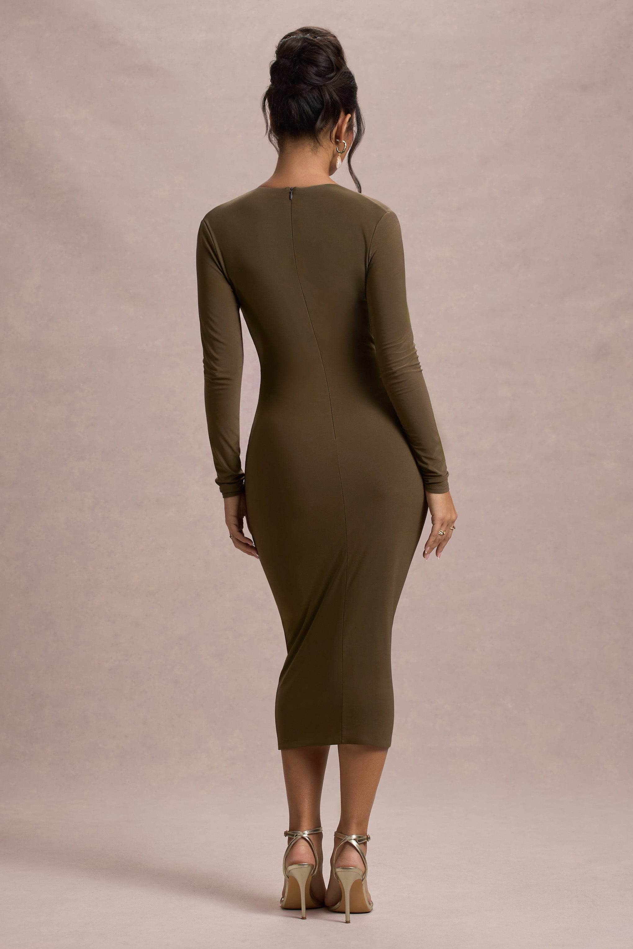 Khaki Bodycon Plunge-Neck Midi Dress