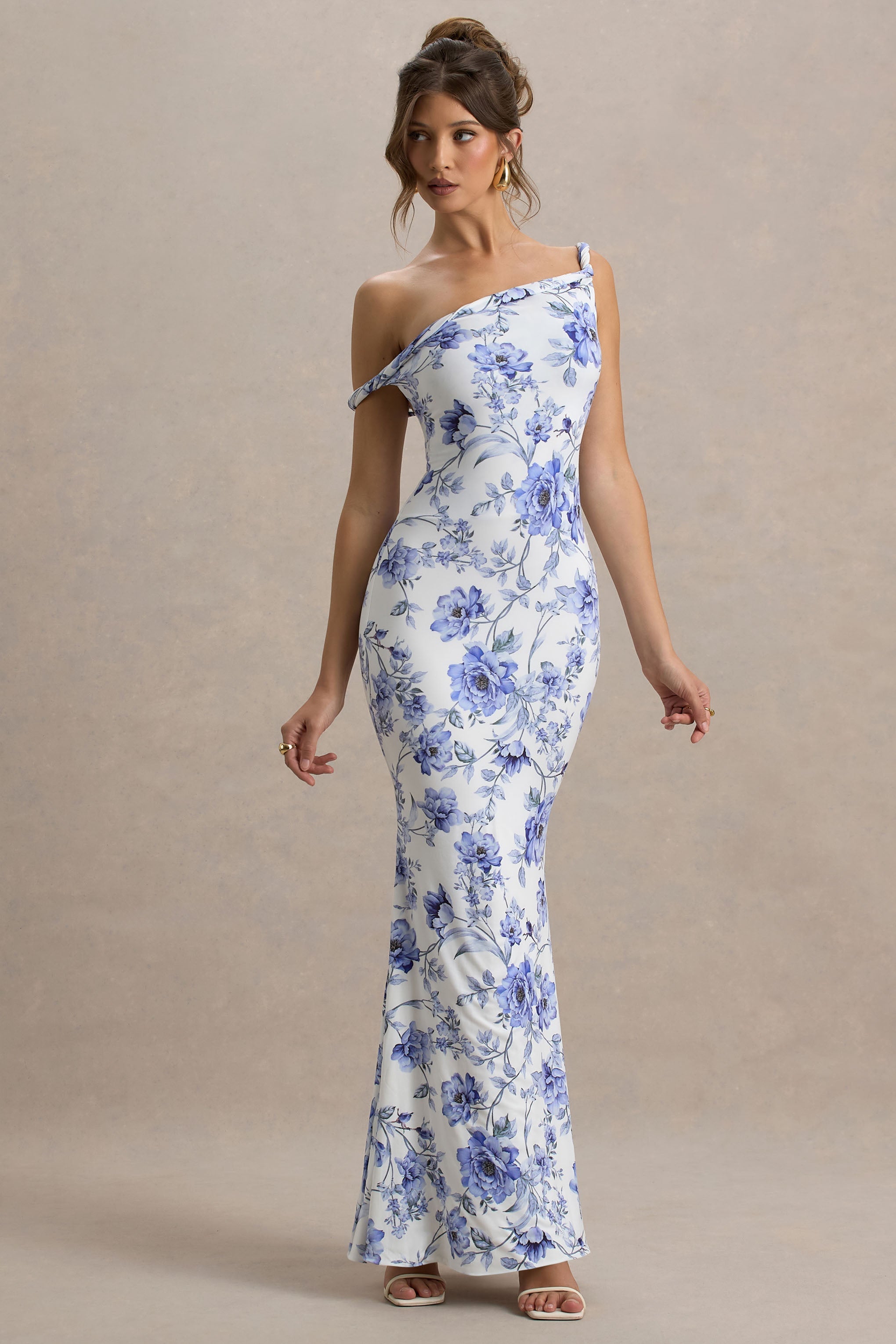Blue Floral Twisted Asymmetric Maxi Dress