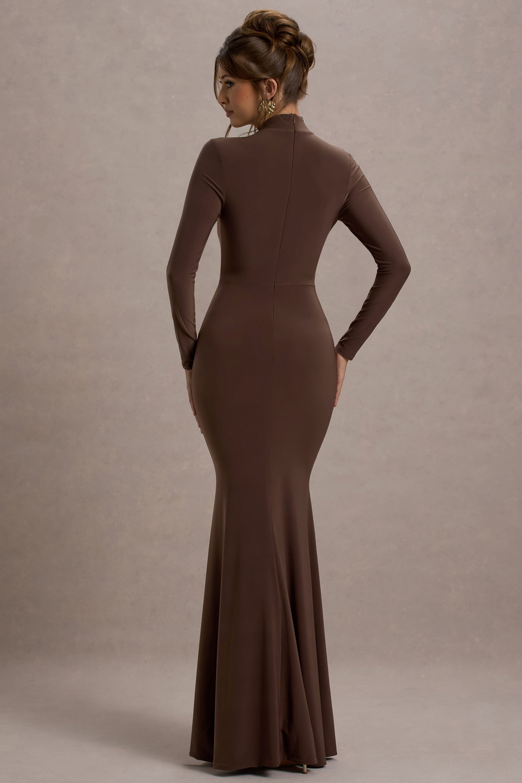 Chocolate High-Neck Long-Sleeve Maxi Dress