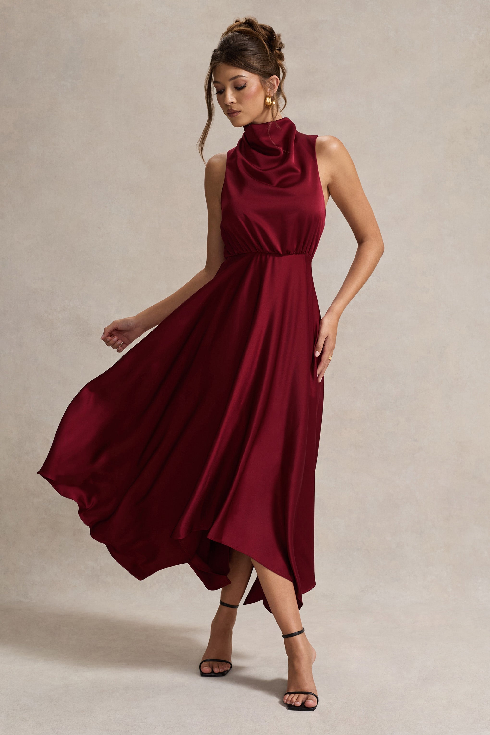 Berry Satin Cowl-Neck Maxi Dress