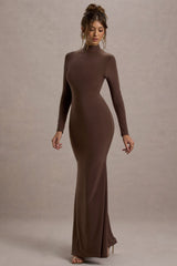 Chocolate High-Neck Long-Sleeve Maxi Dress
