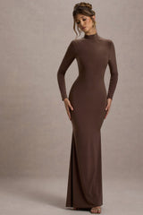 Chocolate High-Neck Long-Sleeve Maxi Dress
