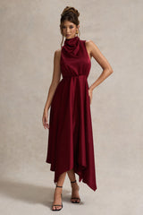 Berry Satin Cowl-Neck Maxi Dress