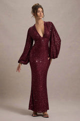 Berry Sequin Plunge-Neck Maxi Dress