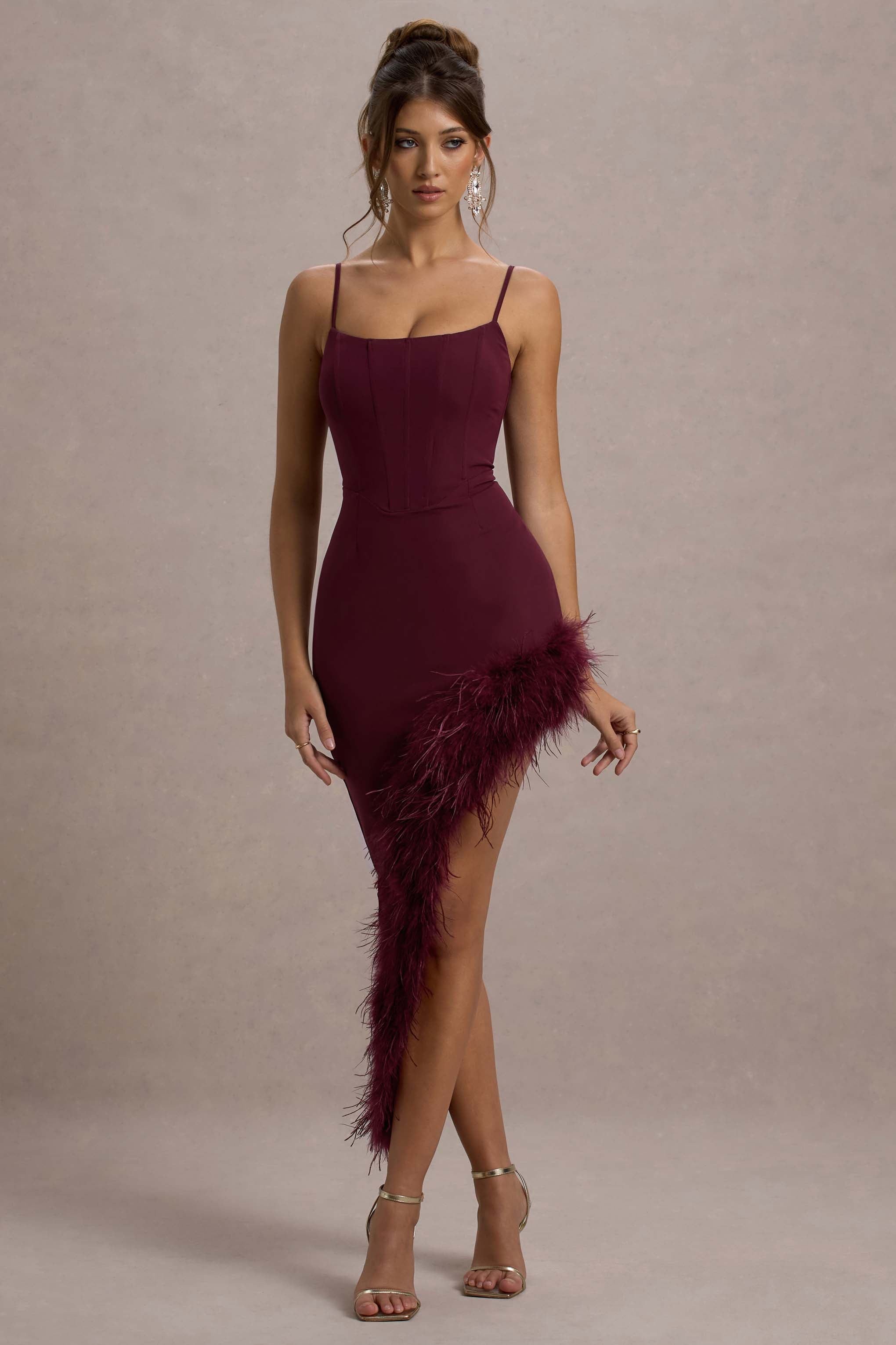 Burgundy Strappy Corset Asymmetric Maxi Dress With Feather Trim