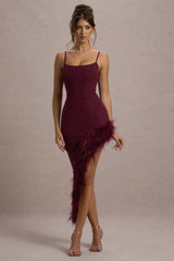 Burgundy Strappy Corset Asymmetric Maxi Dress With Feather Trim