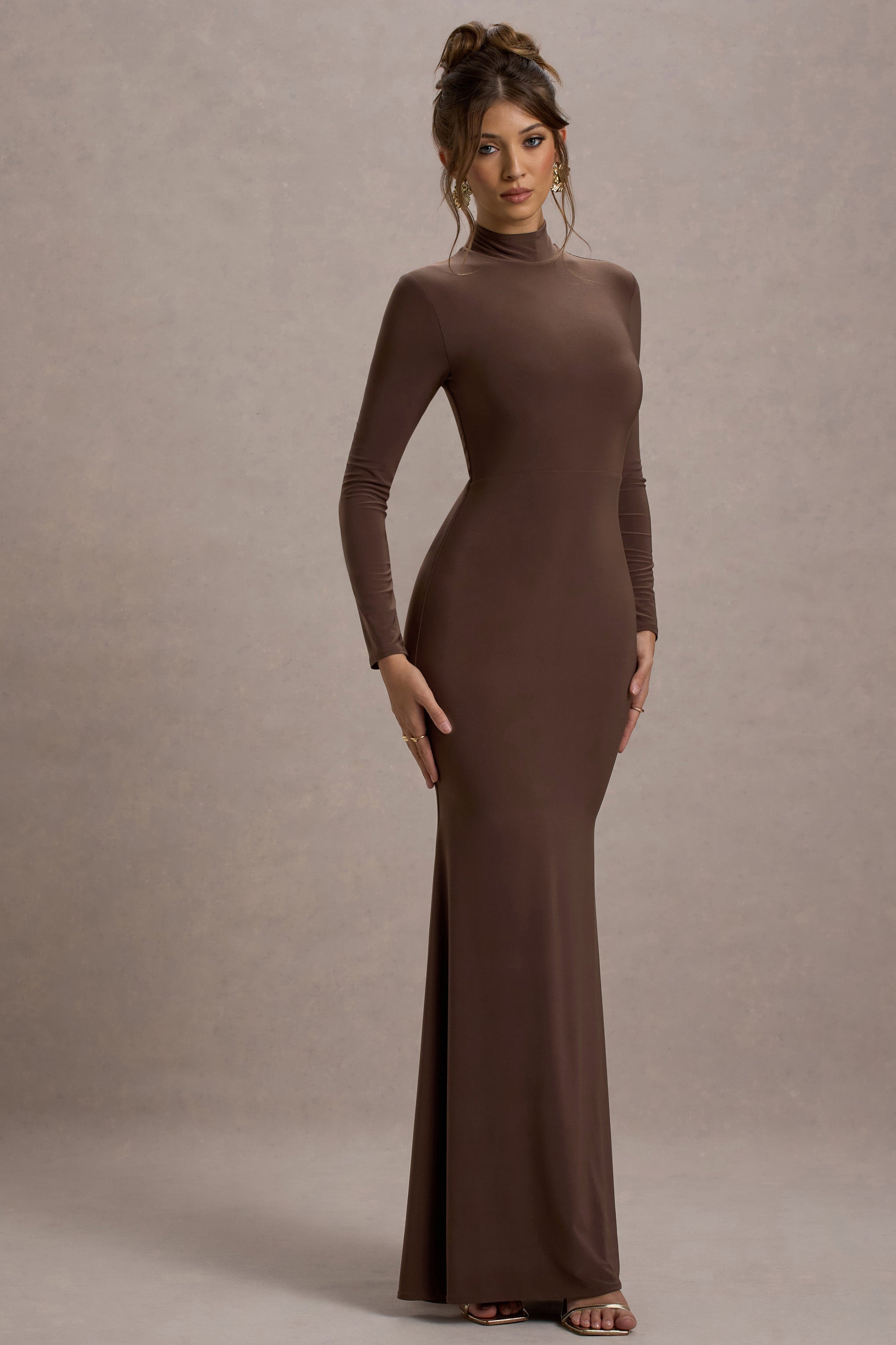 Chocolate High-Neck Long-Sleeve Maxi Dress