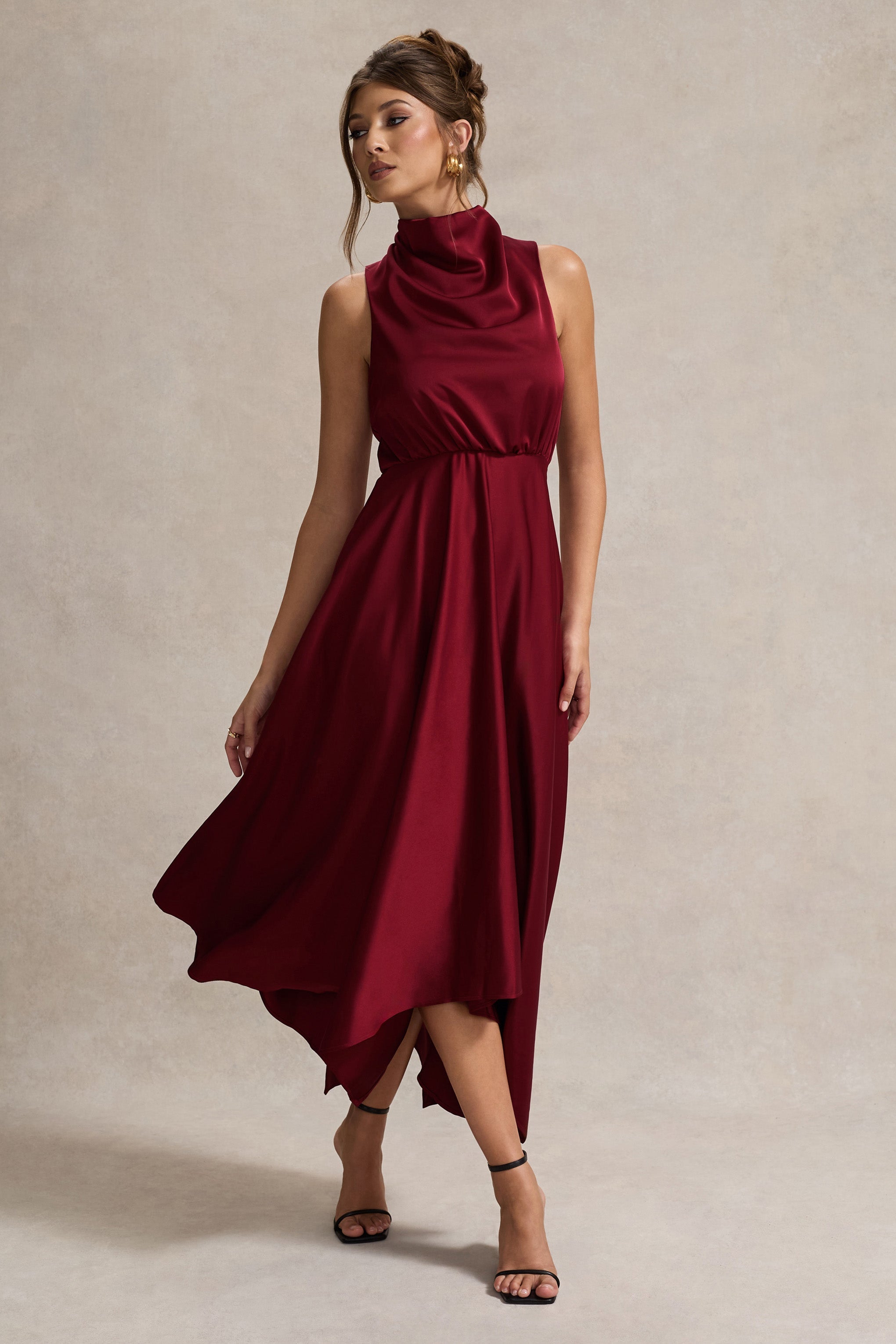 Berry Satin Cowl-Neck Maxi Dress