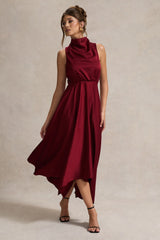 Berry Satin Cowl-Neck Maxi Dress