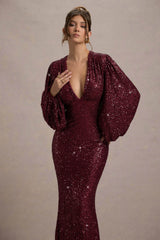 Berry Sequin Plunge-Neck Maxi Dress