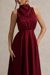 Berry Satin Cowl-Neck Maxi Dress