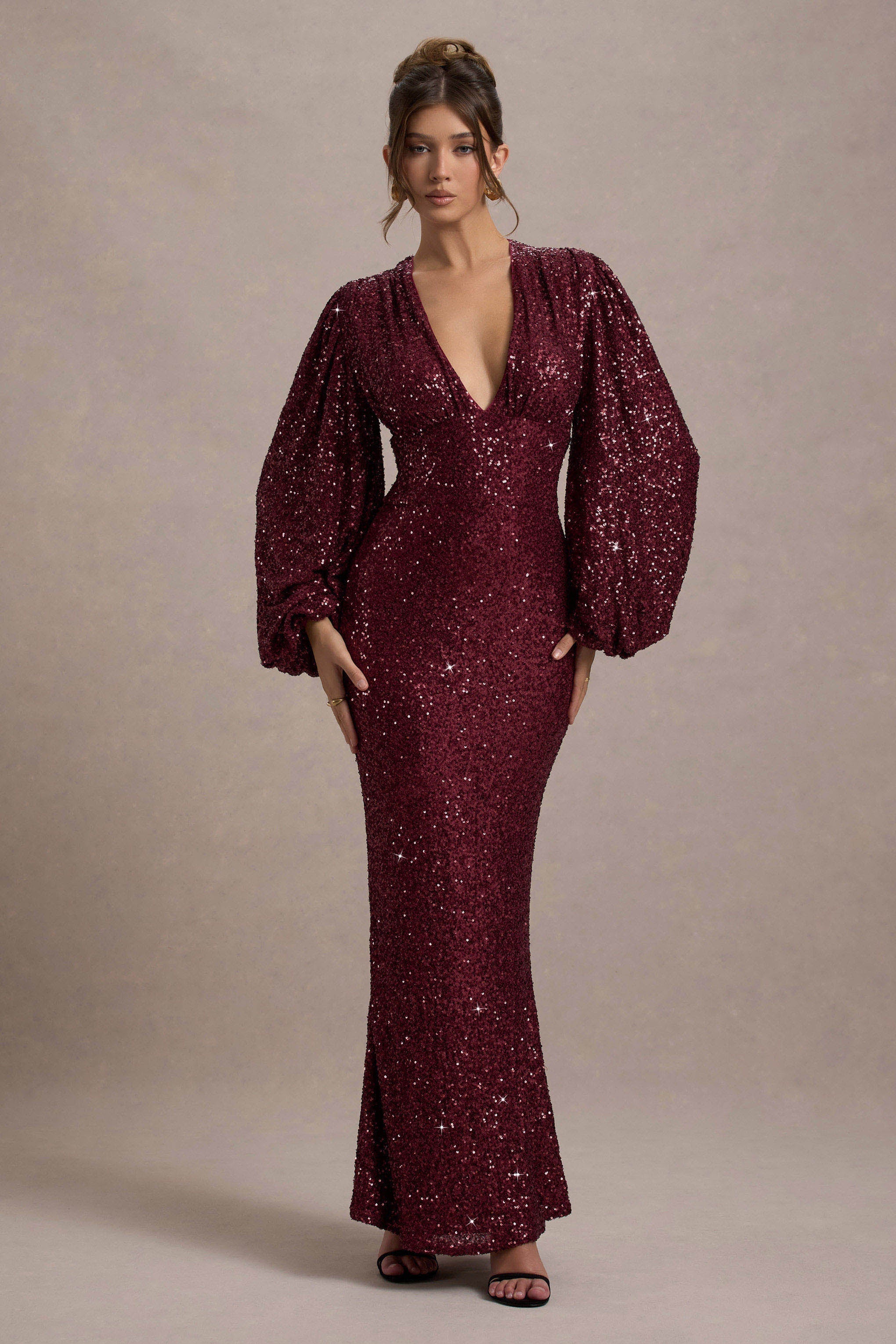 Berry Sequin Plunge-Neck Maxi Dress