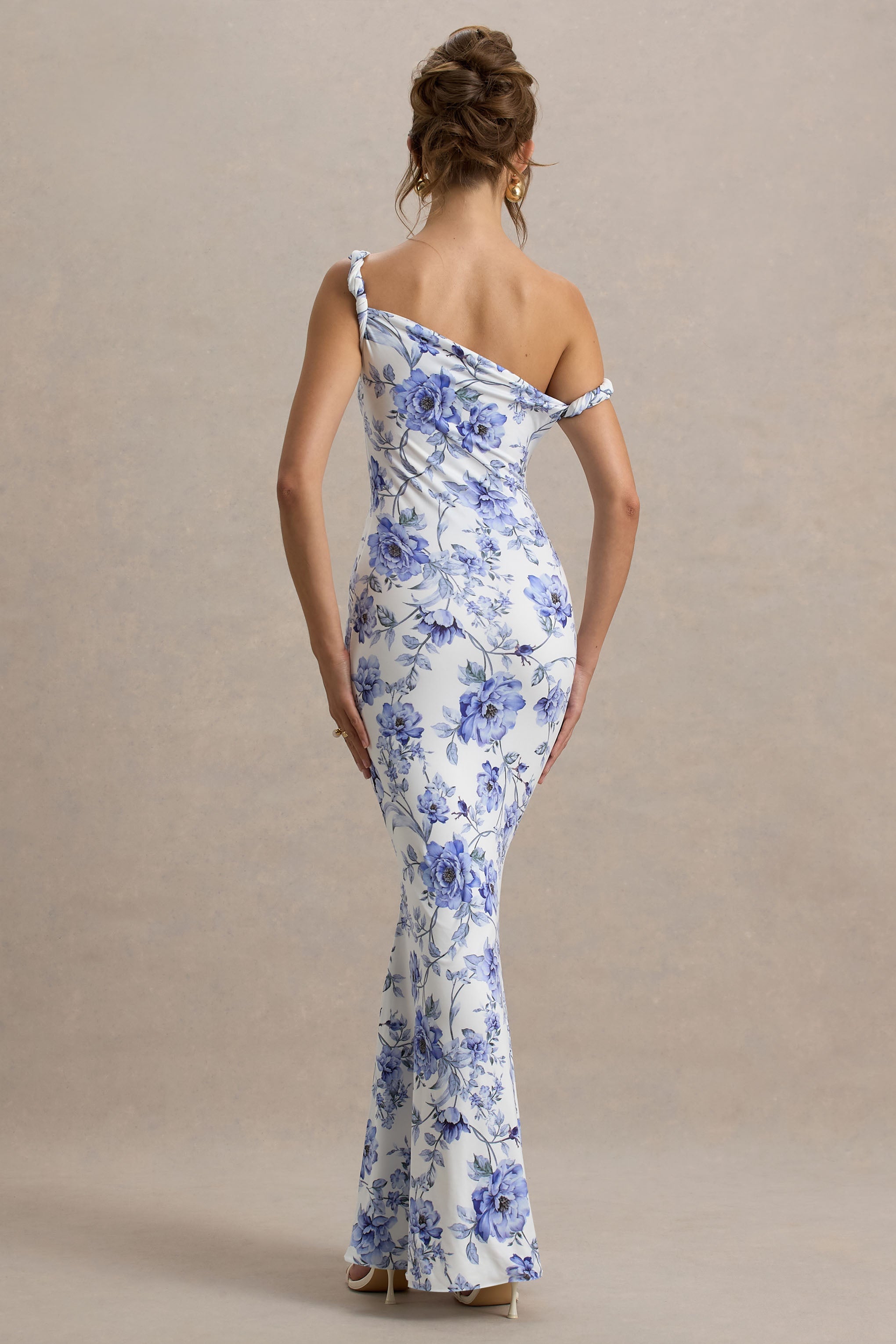 Blue Floral Twisted Asymmetric Maxi Dress