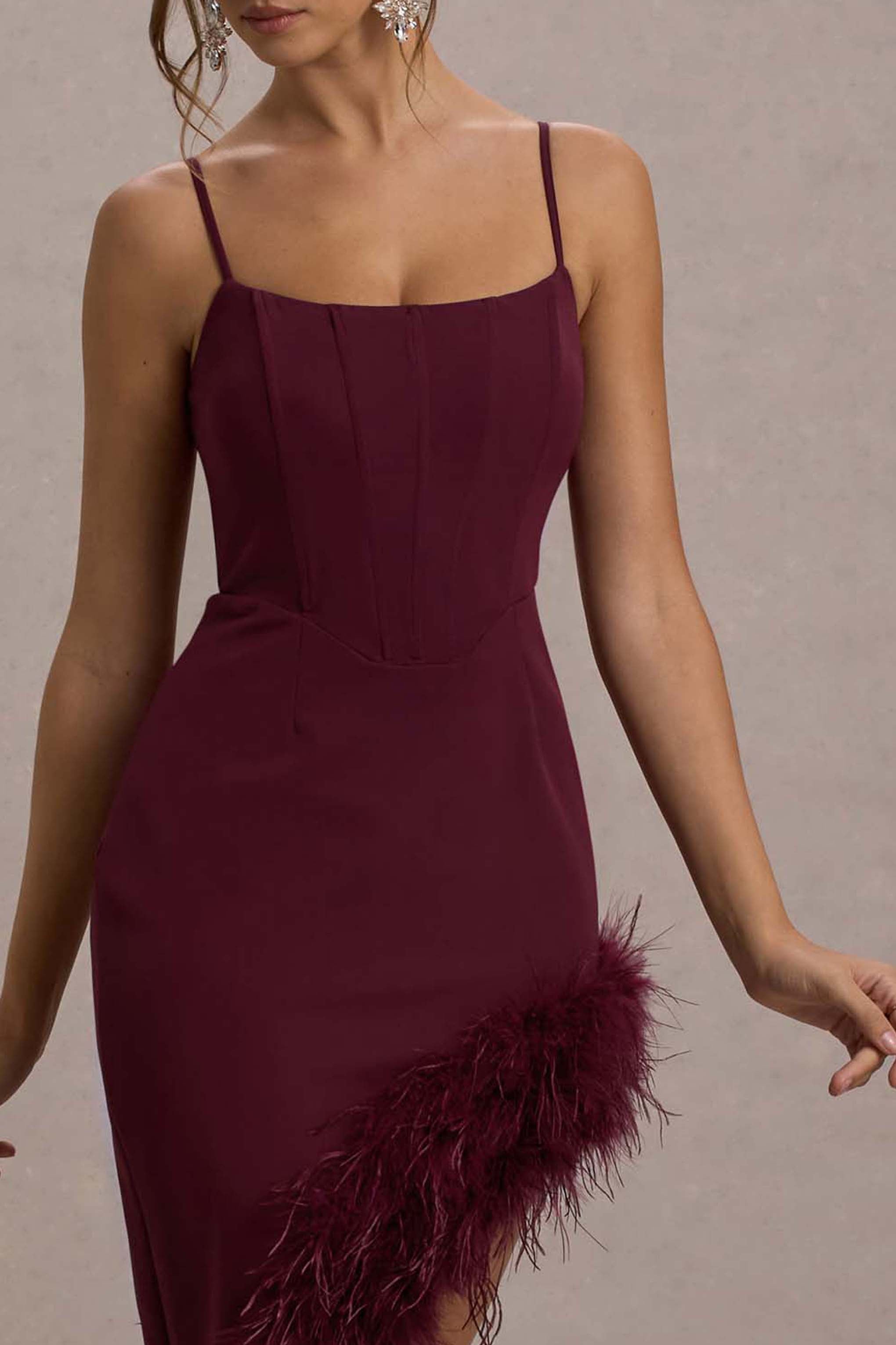 Burgundy Strappy Corset Asymmetric Maxi Dress With Feather Trim