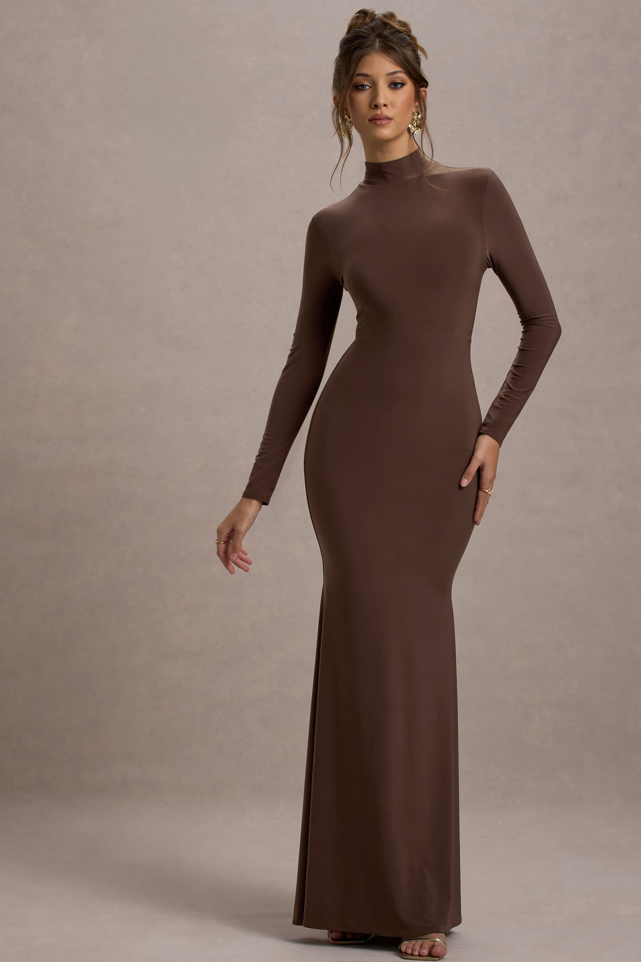 Chocolate High-Neck Long-Sleeve Maxi Dress