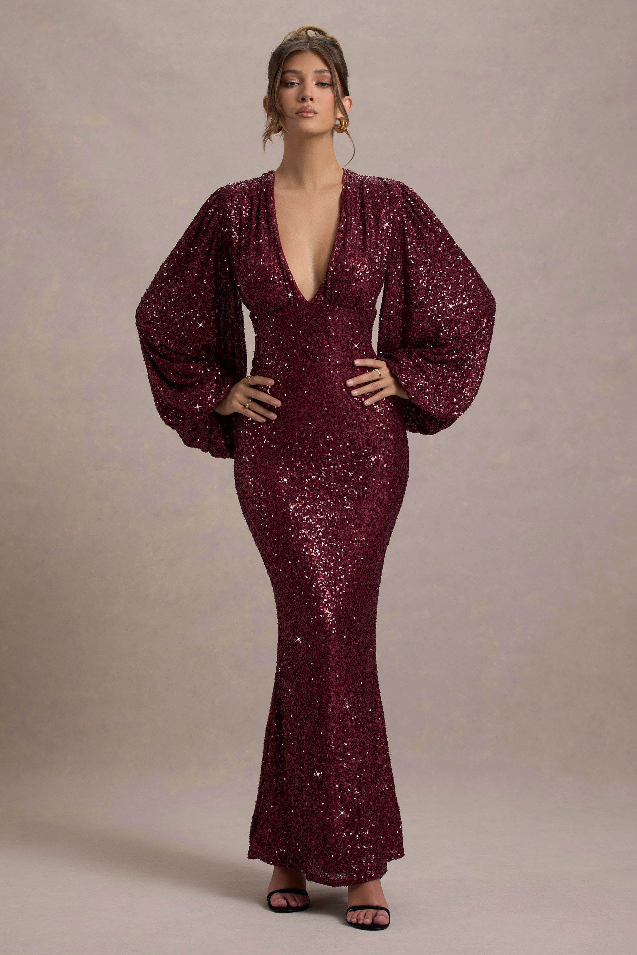 Berry Sequin Plunge-Neck Maxi Dress