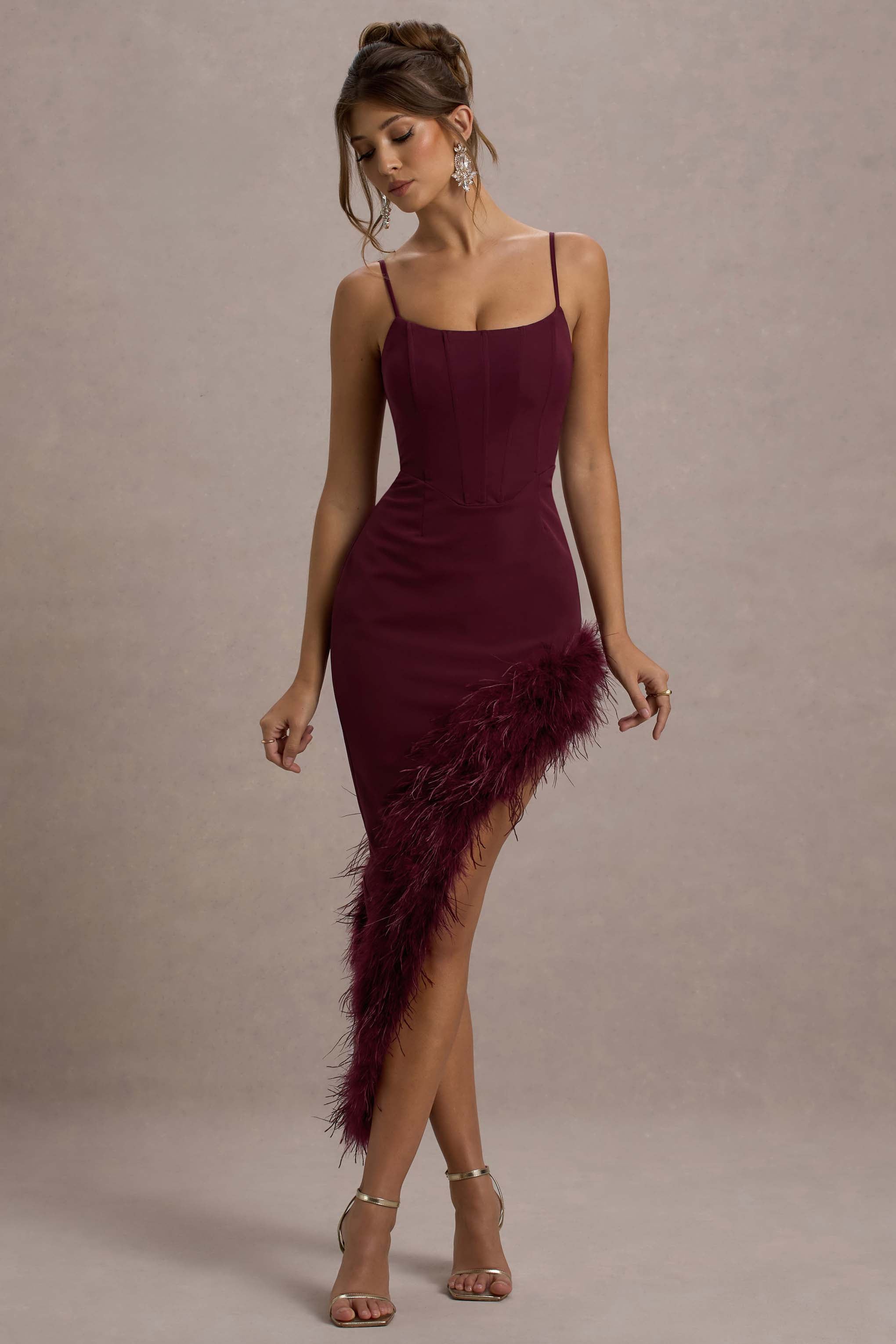Burgundy Strappy Corset Asymmetric Maxi Dress With Feather Trim